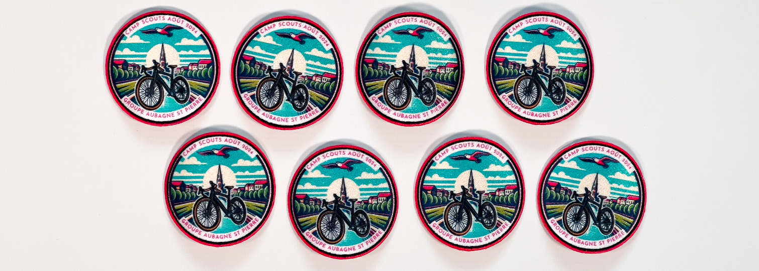 Combination of embroidered sublimated patches for a bicycle scout camp