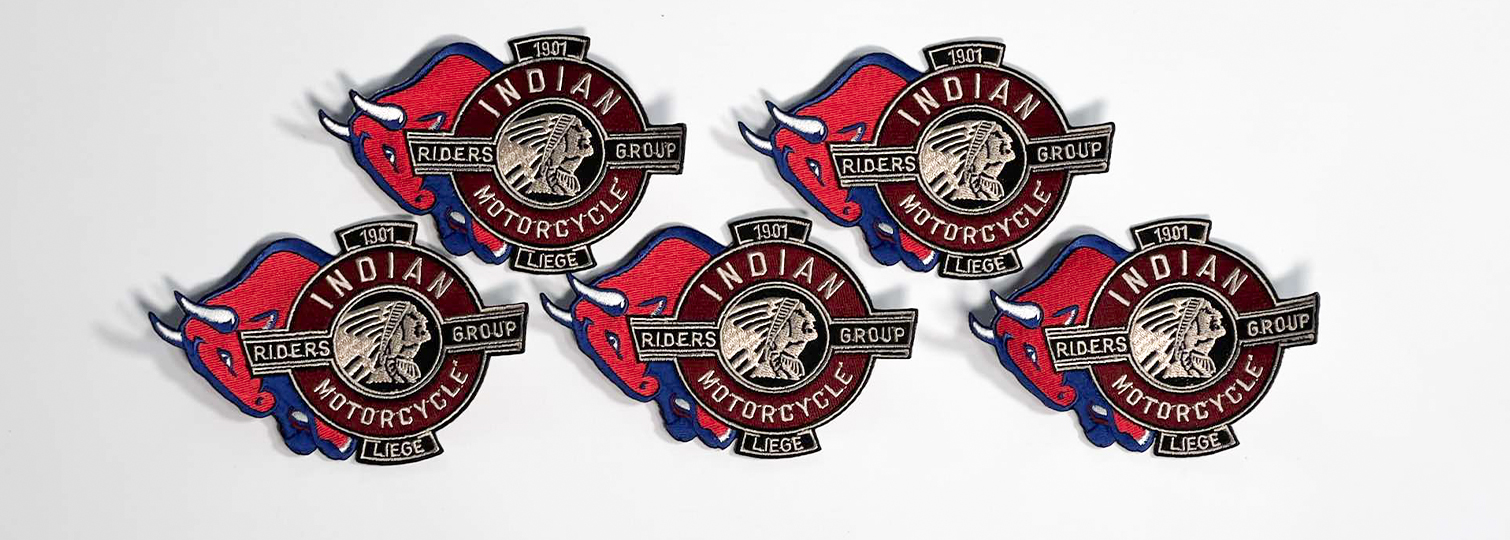 Set of embroidered patches for the Indian Motorcycle Liège rider group.