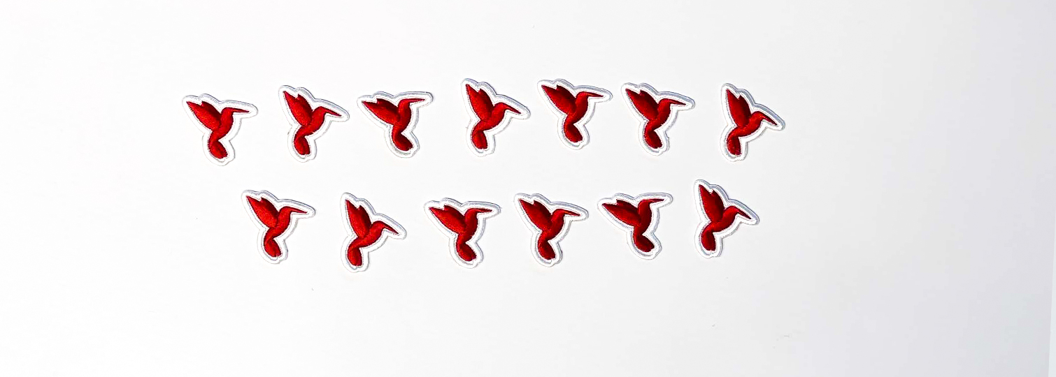 Combination of 100% Embroidered and Laser-Cut Hummingbird-Shaped Badges