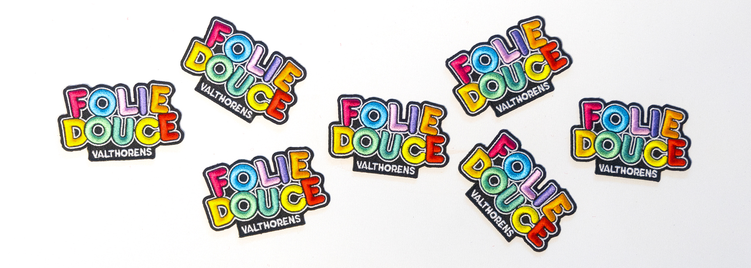 Combination of 90% embroidered custom patches for La Folie Douce in Val Thorens